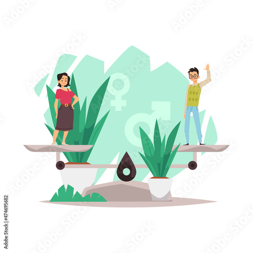 Young White female in skirt and young Asian man wearing glasses have the same weight on the scale of social justice.