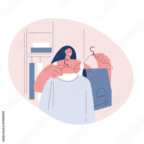 The woman gets dressed in the morning. Vector illustration in flat style.