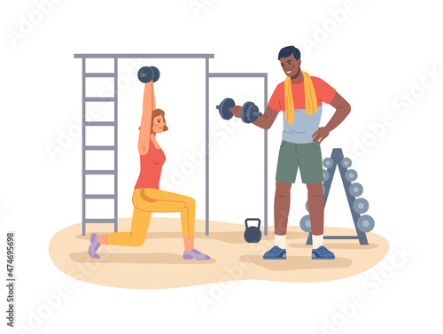 Man and woman with dumbbells working out in gym, male and female doing professional sports. Training and exercising for bodybuilder competition. Keeping fit and healthy lifestyle. Vector in flat