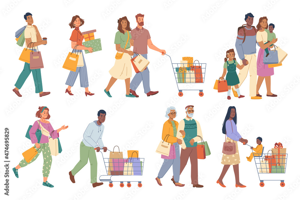 People carrying shopping bags with purchases isolated flat cartoon men and women taking part in seasonal sale at store, shop, mall. Shopping bags and trolleys, young, adult and senior characters