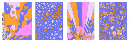 vintage vector interior posters in hippie style.70s and 60s funky and groove postcards.Psychedelic patterns with curves, stars, flowers, shapes.Abstract shapes for wallpaper and back.Low contrast photo