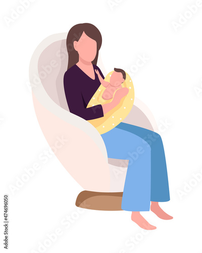 Mom with baby in armchair semi flat color vector character. Sitting figure. Full body person on white. Motherhood isolated modern cartoon style illustration for graphic design and animation