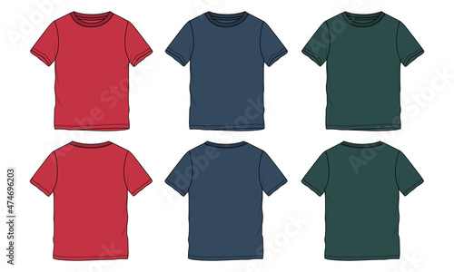 Multi color Basic Tee shirt fashion flat technical drawing template. Blank flat Short sleeve t-Shirt design for kids vector illustration Front and Back View.
