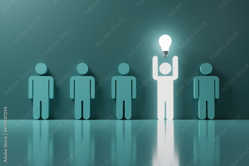 Glowing human hand rise up with lightbulb among normal blue human icons for creative thinking idea and smart problem solving solution concept by 3d rendering. Glowing human hand rise up with lightbulb among normal blue human icons for creative thinking idea and smart problem solving solution concept by 3d rendering.