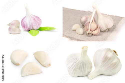 Collage of Garlic isolated on a white background with clipping path