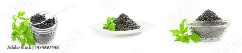 Set of black caviar over a white background