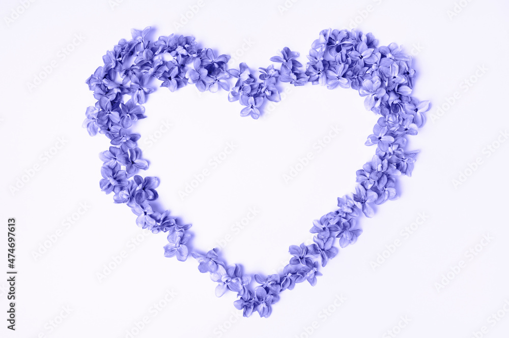 Heart of lilac flowers. Trendy color of the year 2022. Very peri. Flat lay, top view, copy space Heart of lilac flowers. Trendy color of the year 2022. Very peri. Flat lay, top view, copy space