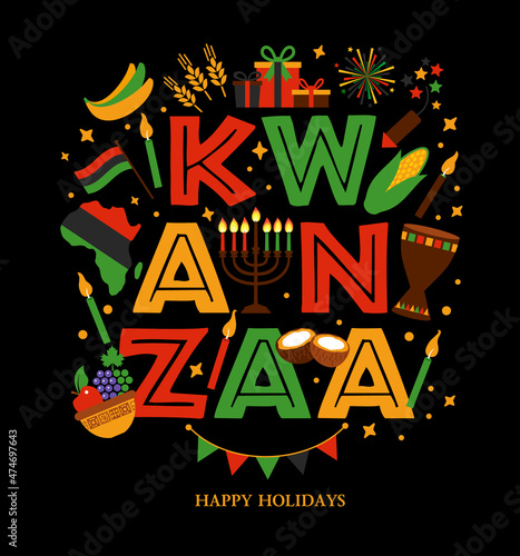 Vector illustration of Kwanzaa. Holiday african symbols with lettering on black background. photo