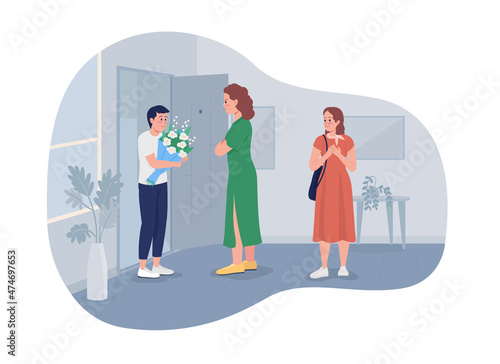 Teen romance and relationships 2D vector isolated illustration. Angry mother skeptical looking at stranger boy flat characters on cartoon background. Excessive parental control colourful scene