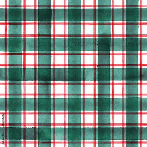 Watercolor stripe plaid seamless pattern. Red green stripes on white background