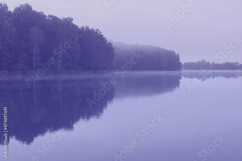 Fototapeta Naklejka Na Ścianę i Meble -  toned landscape with beautiful summer lake in morning, color of year 2022