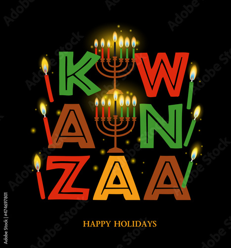 Vector illustration of Kwanzaa. Holiday african symbols with lettering on black background.