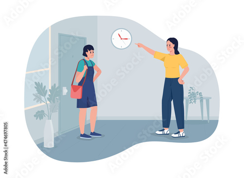 Establishing teenager curfew 2D vector isolated illustration. Annoyed mother scolding girl for getting home late flat characters on cartoon background. Excessive parental control colourful scene photo