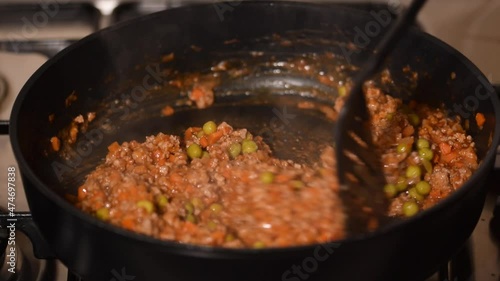 Woman frying minced meat with vegetables mixing it in frying pan.