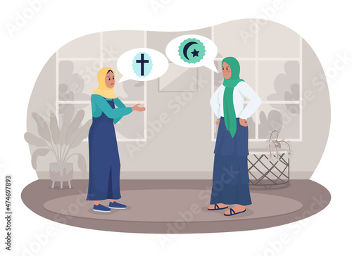 Religious conflict in family 2D vector isolated illustration. Girl arguing with mother about religion flat characters on cartoon background. Freedom of faith for teenager colourful scene