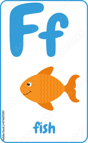 Cute letter F for kids in cartoon style. English alphabet card for kids to help learning and education in kindergarten children. Letter F is for fish illustration.