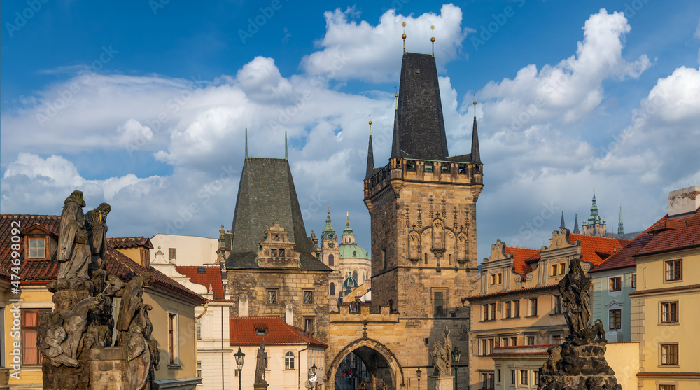 Scenic view from the Charles Bridge to the domes and towers of the capital of the Czech Republic - the city of Prague