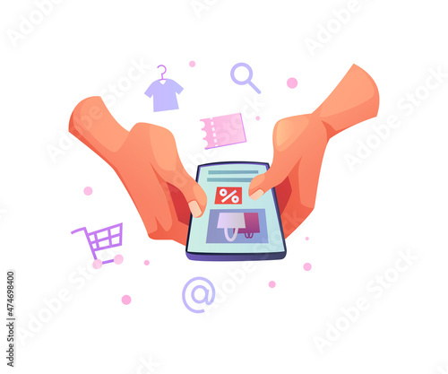 Mobile phone or smartphone with store, hand holding digital phone with shopping application. Vector shop basket and discount, franchise business and buying online, sale on grocery and cloth