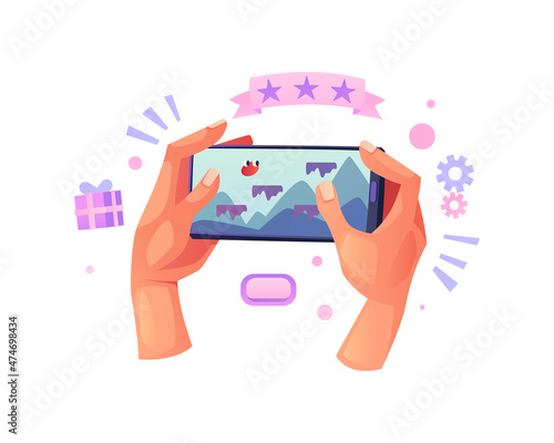 Person playing games on smartphone online, hands with phone and online gaming application. Vector gambling and rate score, settings and gifts, championships and achievements, video play