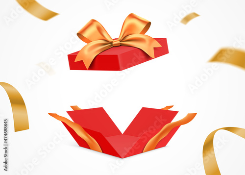 Exploded red gift box with golden ribbon, isolated on white background. Surprise giftbox with empty space, vector illustration.