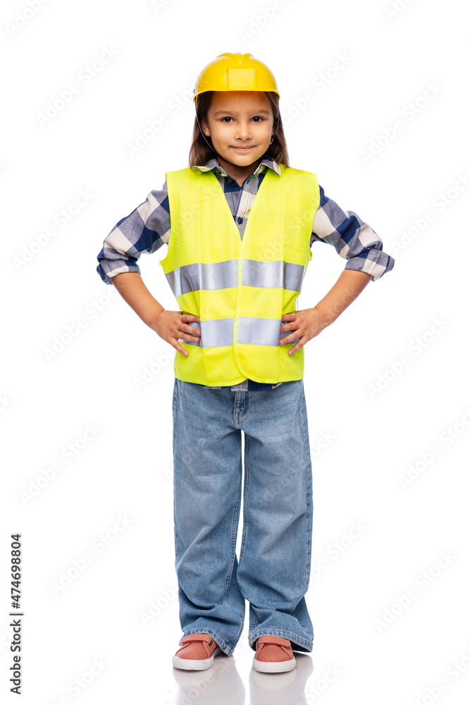 building, construction and profession concept - smiling little girl in protective helmet and safety vest over white background building, construction and profession concept - smiling little girl in protective helmet and safety vest over white background