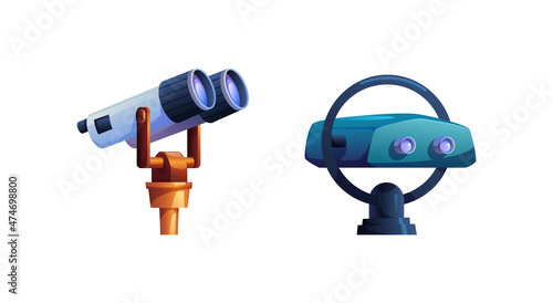 Permanently mounted coin operated outdoor observation binoculars viewing machines cartoon set. Vector tourist travel telescopes, viewfinder viewers landscape observation devices, spyglasses