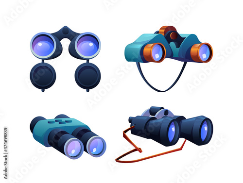 Spy binoculars cartoon icons set. Vector optical equipment to observe and discover on distance, military navigation lens. Field glasses two mounted telescopes exploration and discovery tools