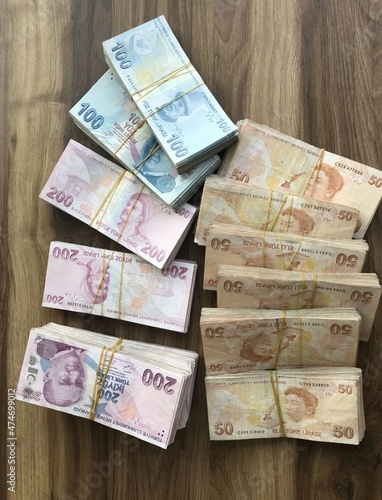 turkish lira banknotes on the table,  