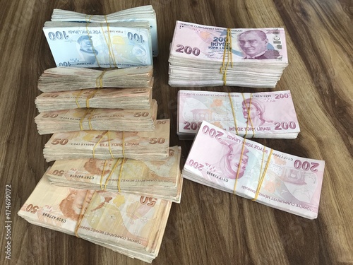 turkish lira banknotes on the table,  
