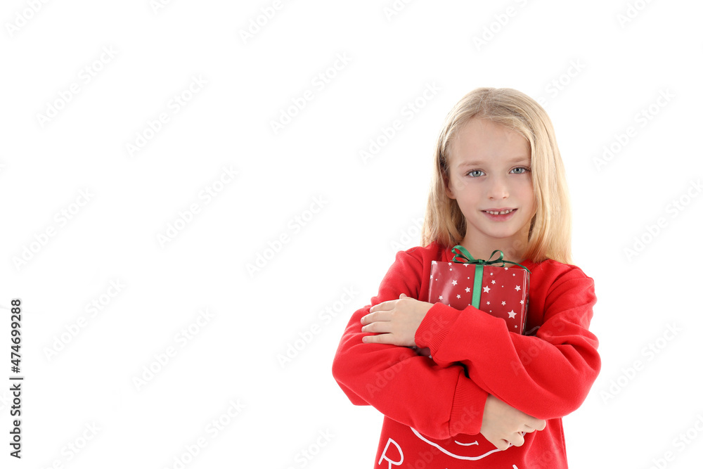 Fototapeta premium Little girl with Christmas box, isolated on white background