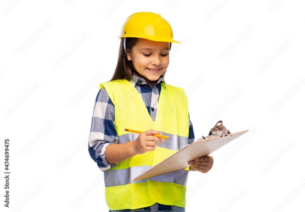 building, construction and profession concept - smiling little girl in protective helmet and safety vest with clipboard and pencil over white background building, construction and profession concept - smiling little girl in protective helmet and safety vest with clipboard and pencil over white background
