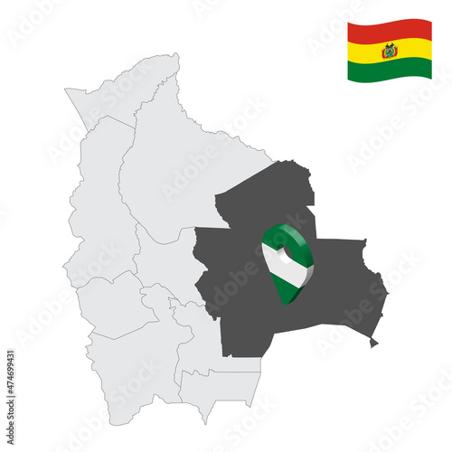 Location Santa Cruz Department  on map Bolivia. 3d location sign similar to the flag of Santa Cruz. Quality map  with Departments of  Bolivia for your design. EPS10