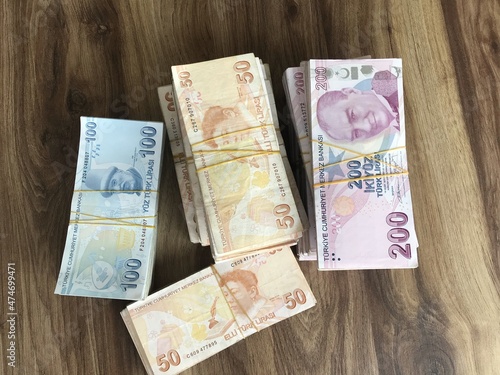 turkish lira banknotes on the table, 