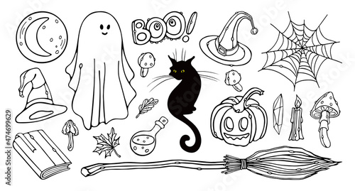 Halloween outline doodle set vector illustration. Pumpkin, witch's broom, ghost, cat, witch hat, book, autumn leaves, candle, fly agaric, witch's potion.