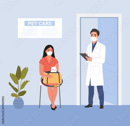 Veterinarian services. Young woman sitting and holding pet carrier with cat at vet office. Flat vector illustration