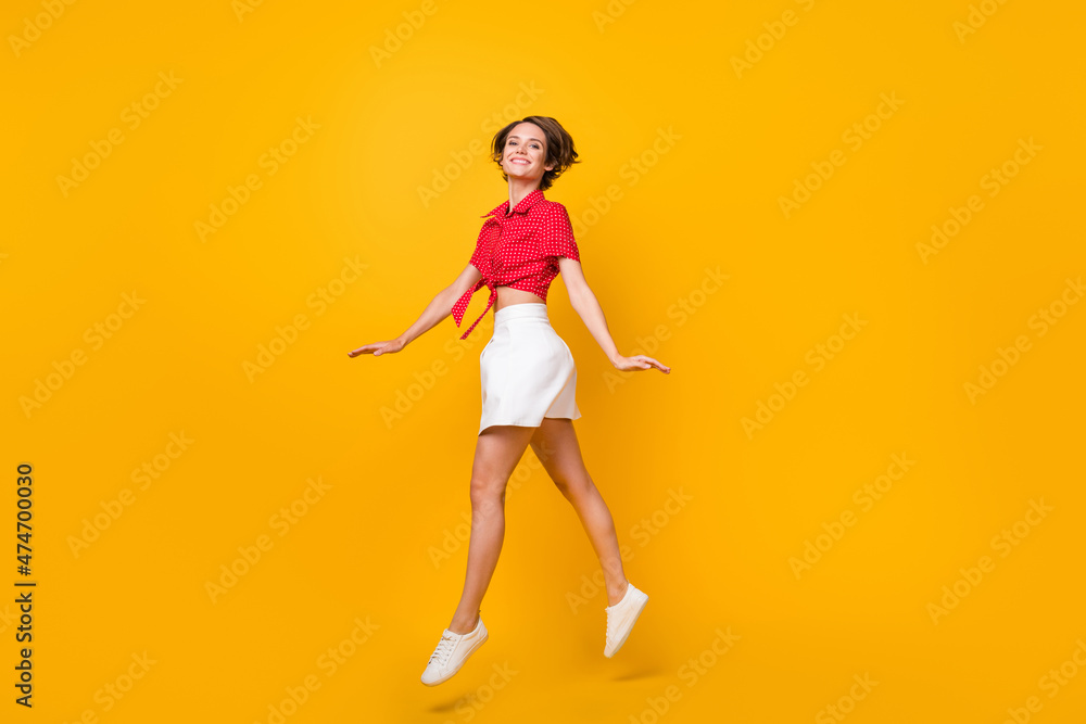 Full size profile photo of pretty friendly person beaming smile look camera isolated on yellow color background