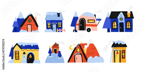 Winter houses. Cute homes in snow, forest cottages and townhomes with snowy roofs, christmas hotel, xmas decor elements collection bright colors, vector cartoon flat isolated set