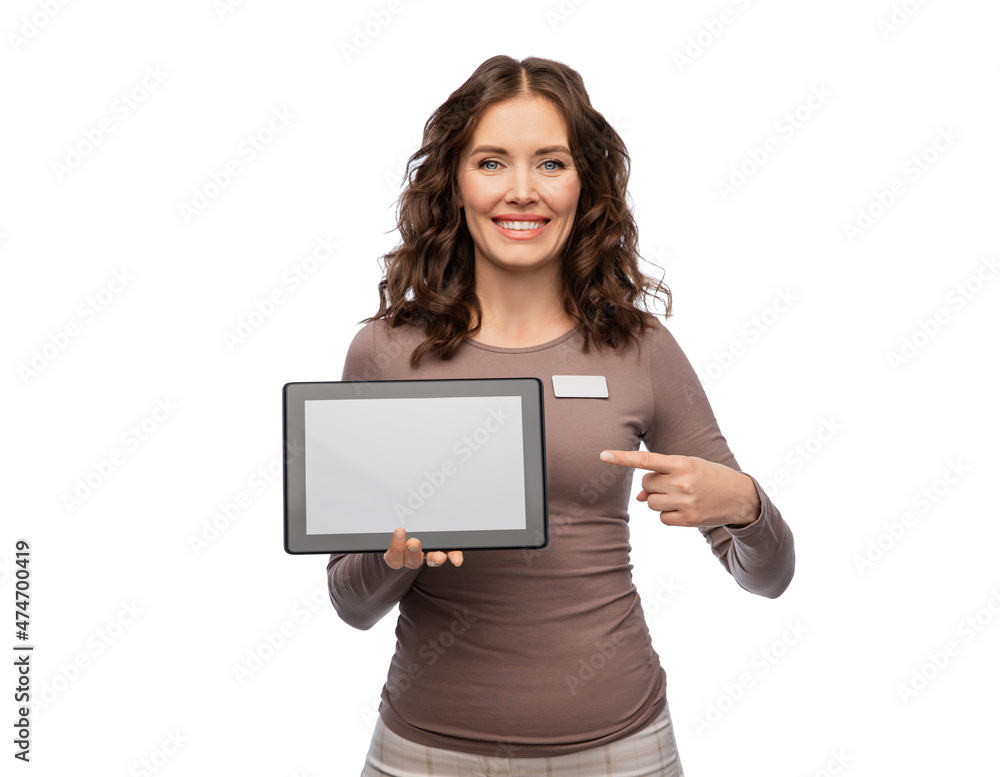sale, shopping and business concept - happy female shop assistant with tablet pc computer name tag over white background sale, shopping and business concept - happy female shop assistant with tablet pc computer name tag over white background