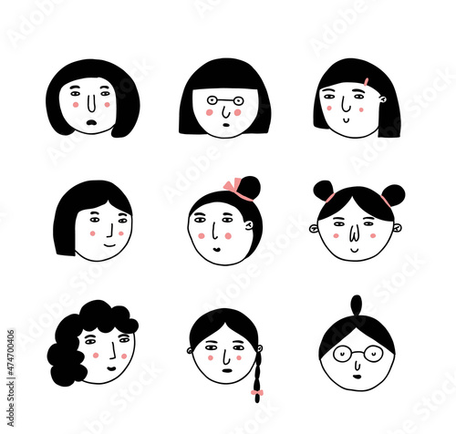 Doodle people. Hand drawn cute female faces, social media user avatars collection, hipster woman portrait modern human icon. Line black and white vector isolated cartoon set