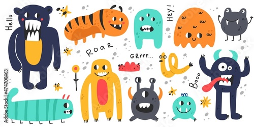 Funny monsters. Colorful creatures, cute little mutants or aliens, spooky fantasy characters, childish collection, baby nursery and textile design elements, vector cartoon flat style isolated set