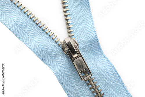 Light blue zipper on white background, top view