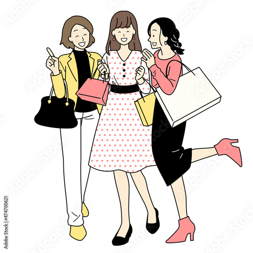 Illustrations of women shopping, whole body.