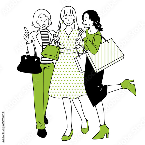 Illustrations of women shopping, whole body.