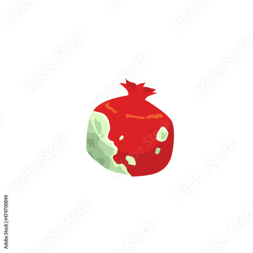 Rotten pomegranate with mold, bacteriums. Spoiled decay fruit with fungi