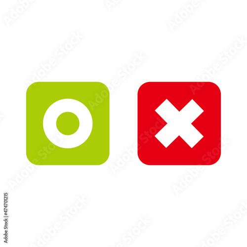 o and x rounded square shape icons, green circle and red cross on white background