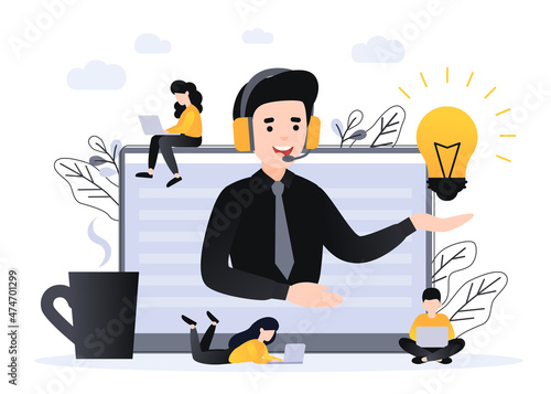 Concept customer and operator, online technical support 24-7 for web page. Vector illustration male hotline operator advises client. Online assistant, virtual help service for business