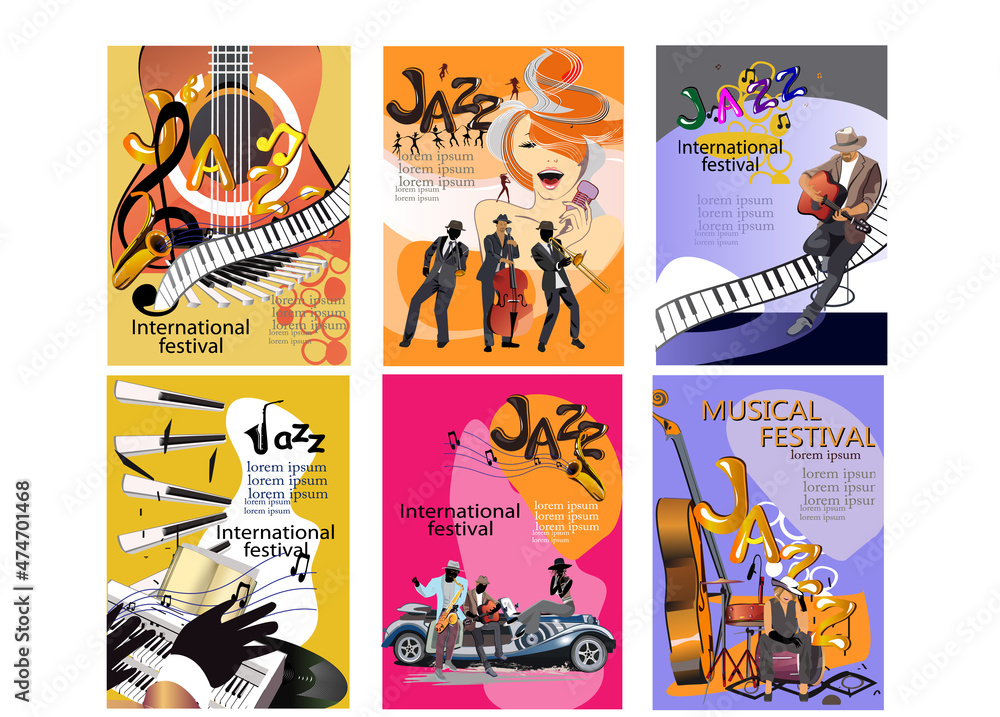 Fototapeta premium Abstract colorful posters with musicians at the party. Jazz band. Hand drawn vector illustration.