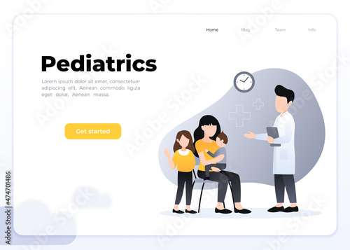Pediatric clinic. Clinical pediatric checkup, mother holding sick toddler and doctor with stethoscope listening his lungs. healthcare vector landing page