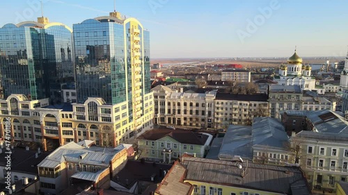 Stock video Drone Aerial view 4k Footage of Rostov on Don, Capital of South Russia. Historical Center of Russian Monarchy time on sunset rays photo