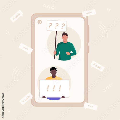 Asian and african men with interrogative and affirmative placards in hands in smartphone in flat style vector illustration